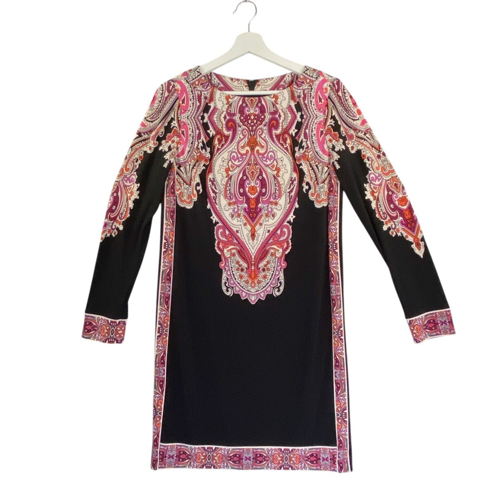 Donna Morgan Dress Womens 6 Black/Pink/Cream + Paisley Long Sleeve Shift Stretch